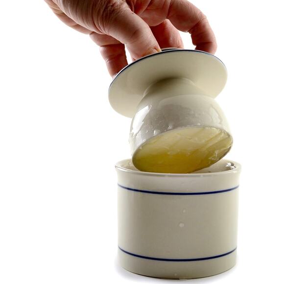 Butter Bell Countertop French Ceramic Dish Keeper White with Blue Trim - Picture 7 of 9